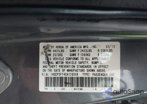2012 Honda Accord 2.4 Ex from USA, damaged, VIN 1HGCP2F74CA128508